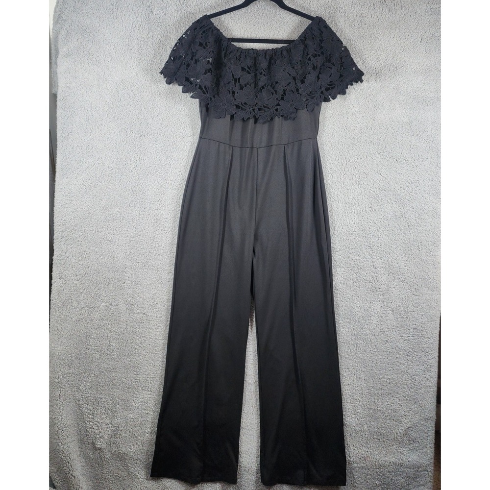Jumpsuit Womens XL Black Stretch Floral Lace Off-the-Shoulder Wide Leg Party